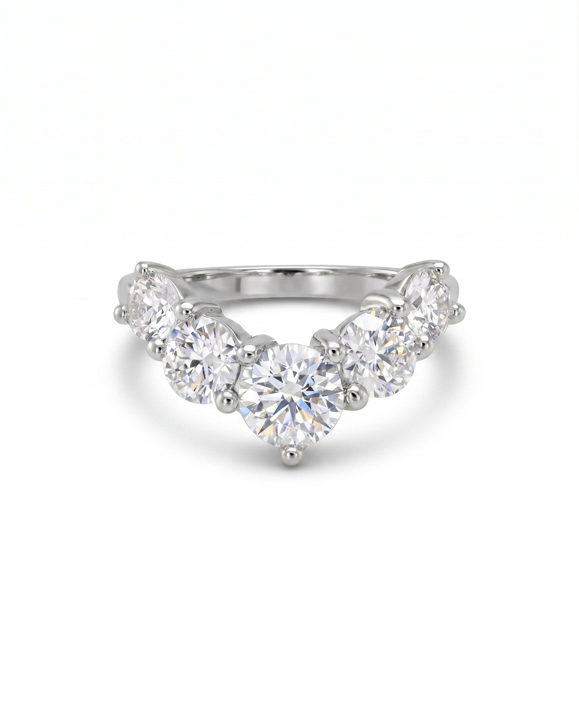 Silver wishbone fitted ring with five round diamonds.