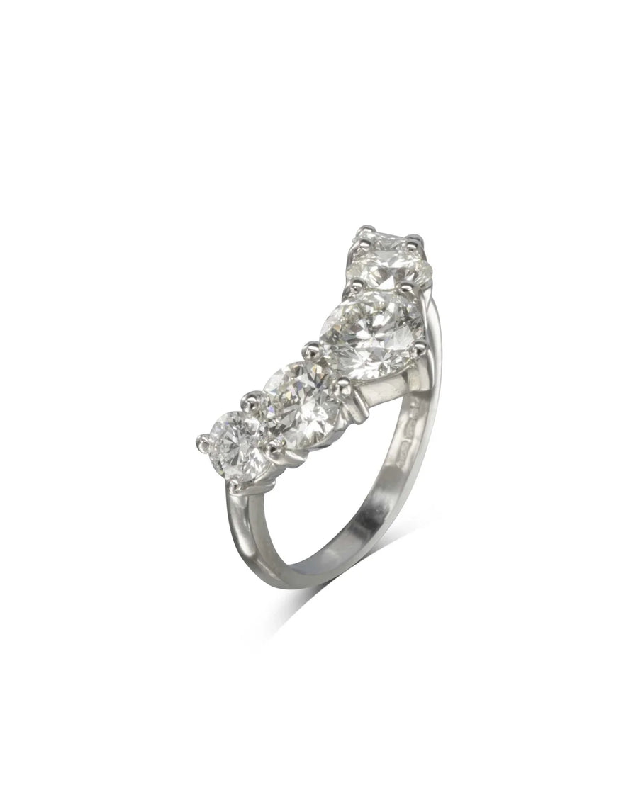 Silver wishbone fitted ring with five round diamonds.
