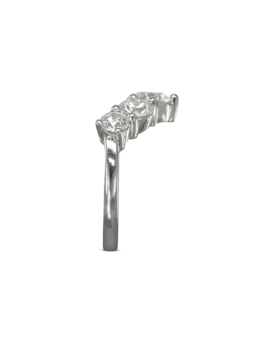 Silver wishbone fitted ring with five round diamonds.