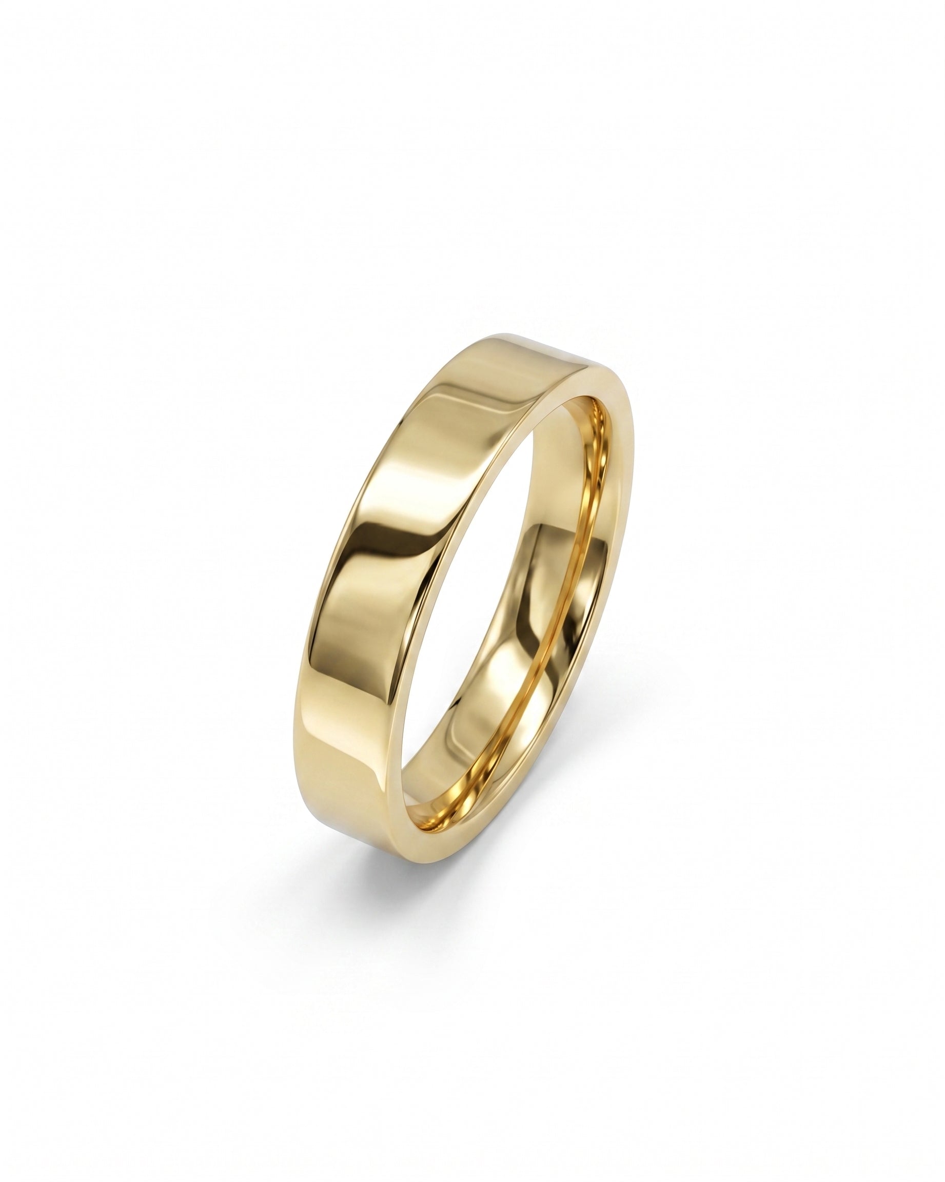 Polished yellow gold flat wedding band.