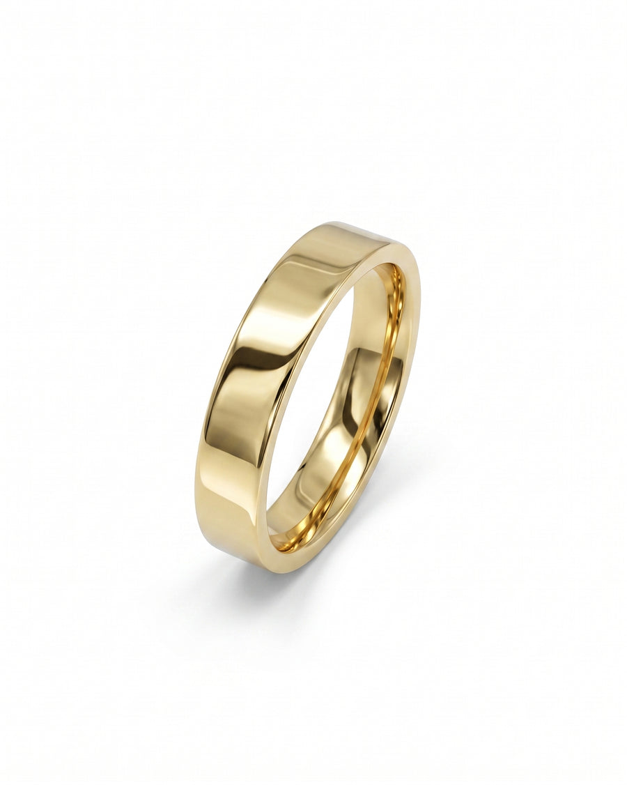 Polished yellow gold flat wedding band.