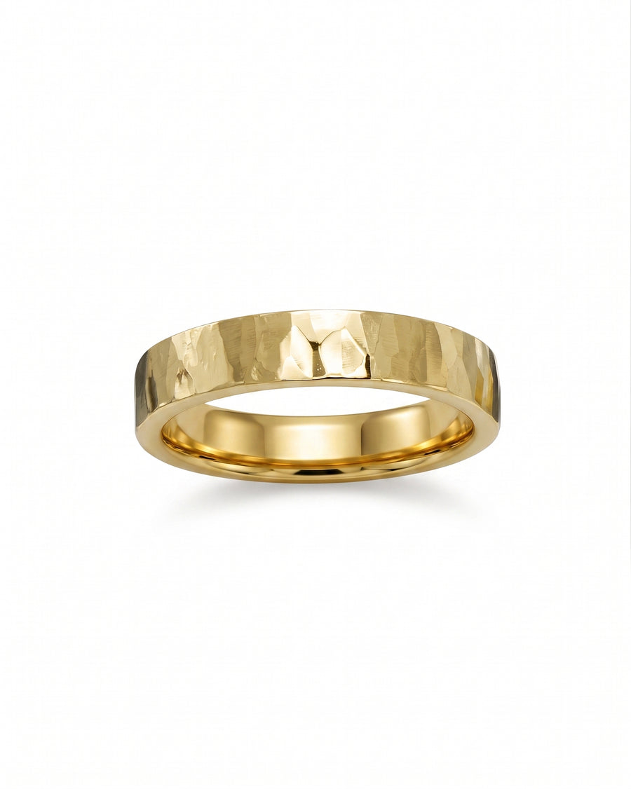 Gold hammered wedding band.