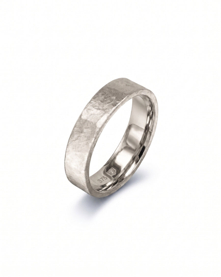 9ct white gold 2mm rough hammered wedding band.