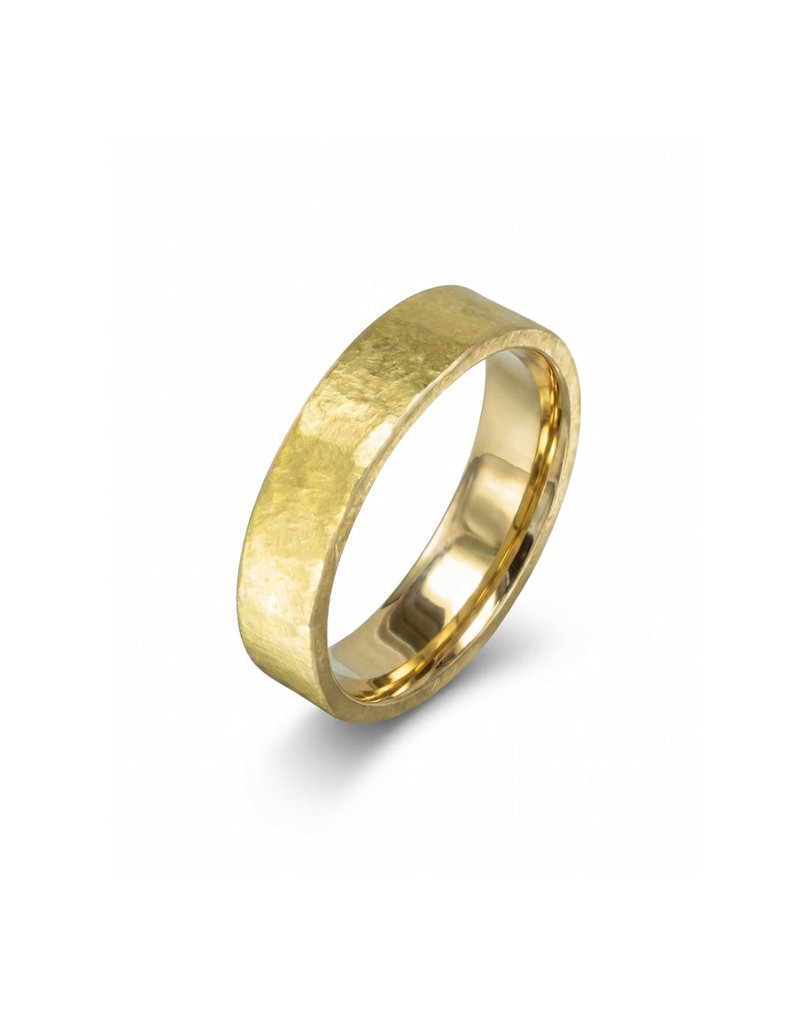 9ct yellow gold 2mm rough hammered wedding band.