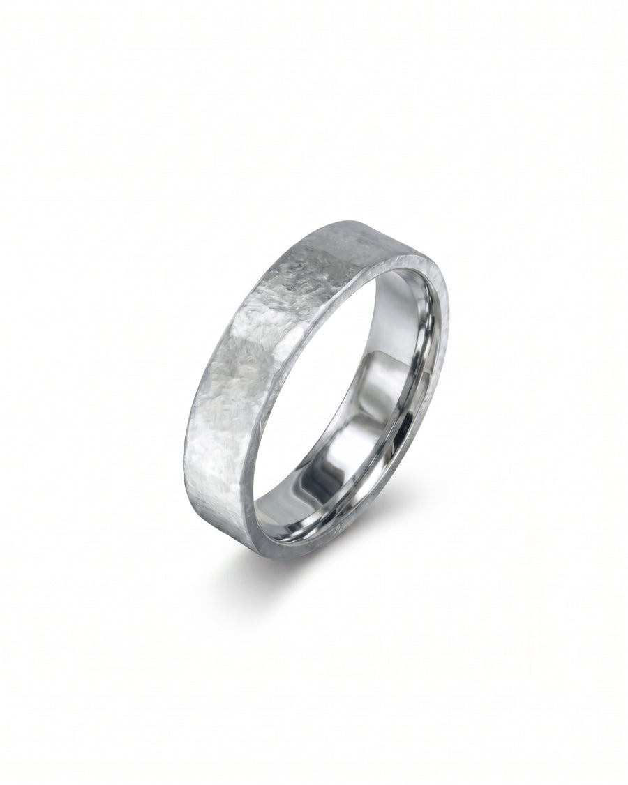 Platinum 2mm rough hammered wedding band.