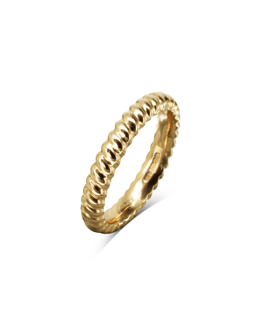 Gold twist wedding ring with a ribbed design.