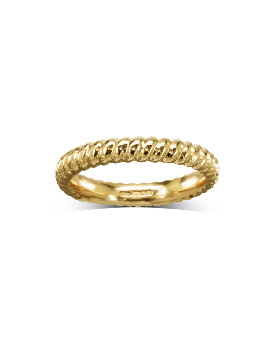 Gold twist wedding ring with a textured band.