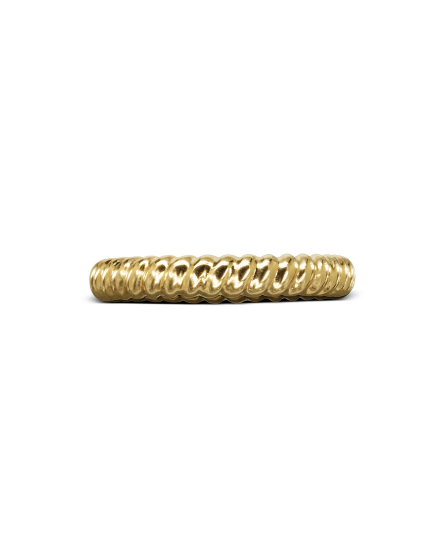 Gold women's twist wedding ring with a textured, rope-like design.