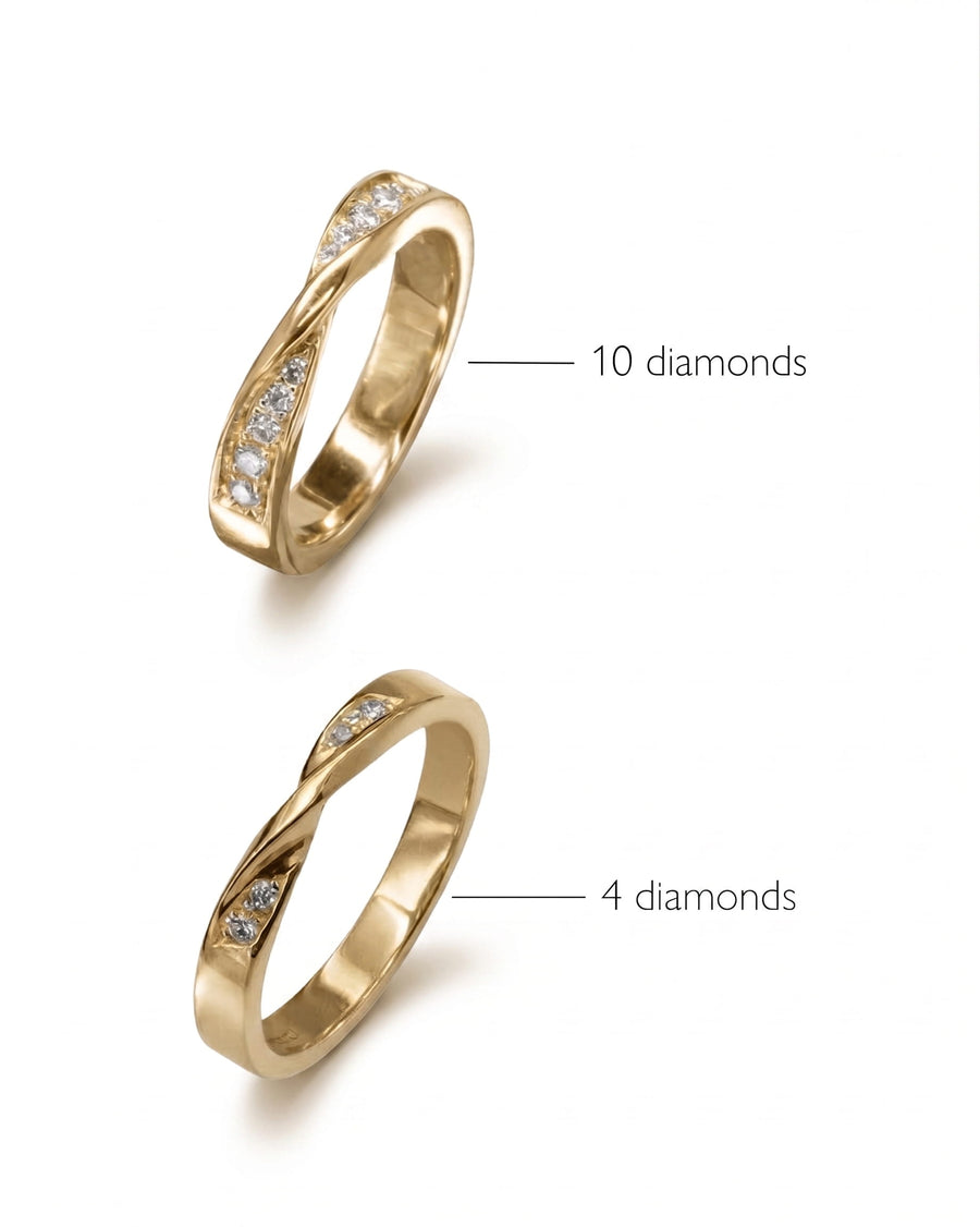 Gold wedding rings with a twisted design, one with 10 diamonds and one with 4 diamonds.
