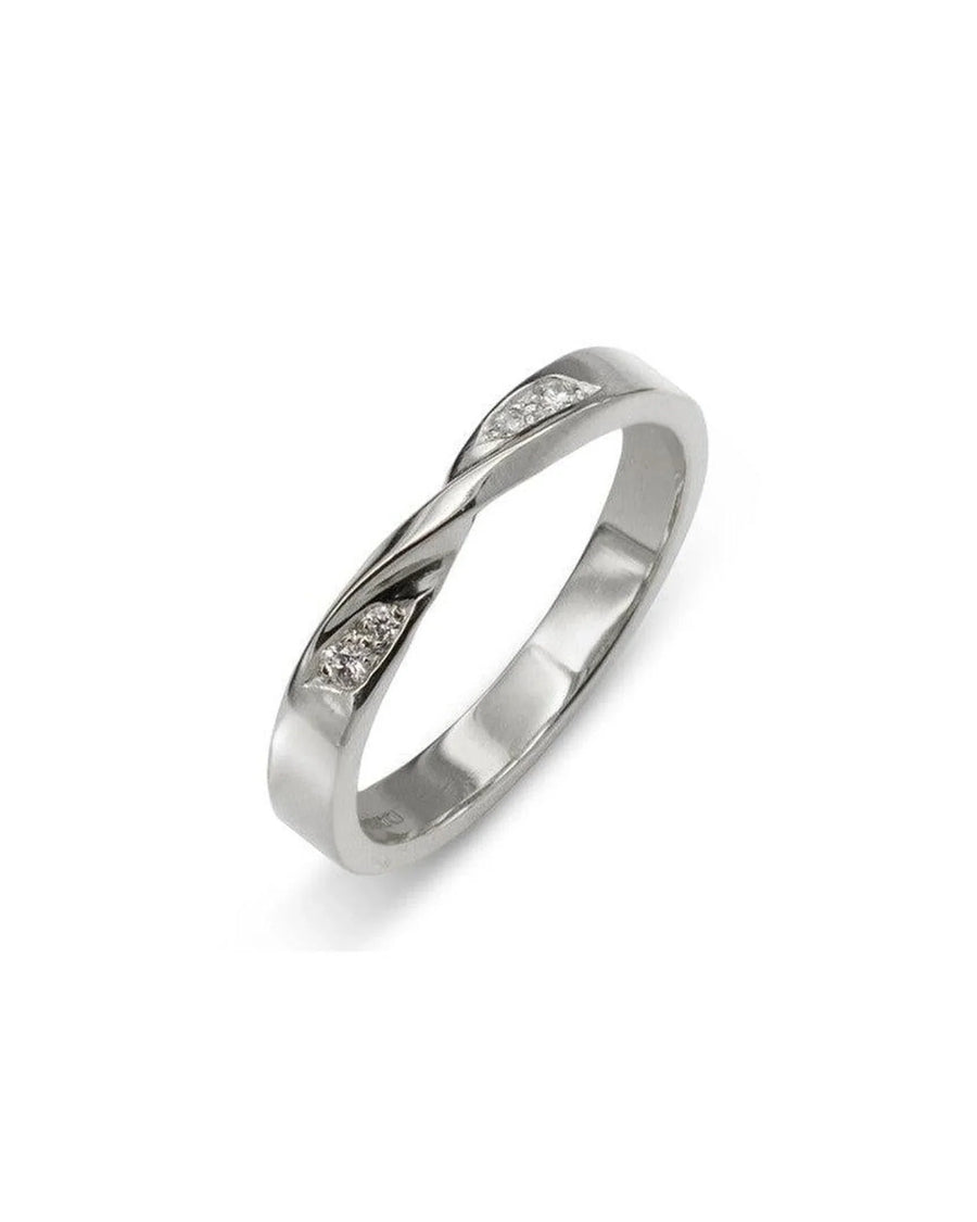 Silver wedding ring with a twisted band and small diamond accents.