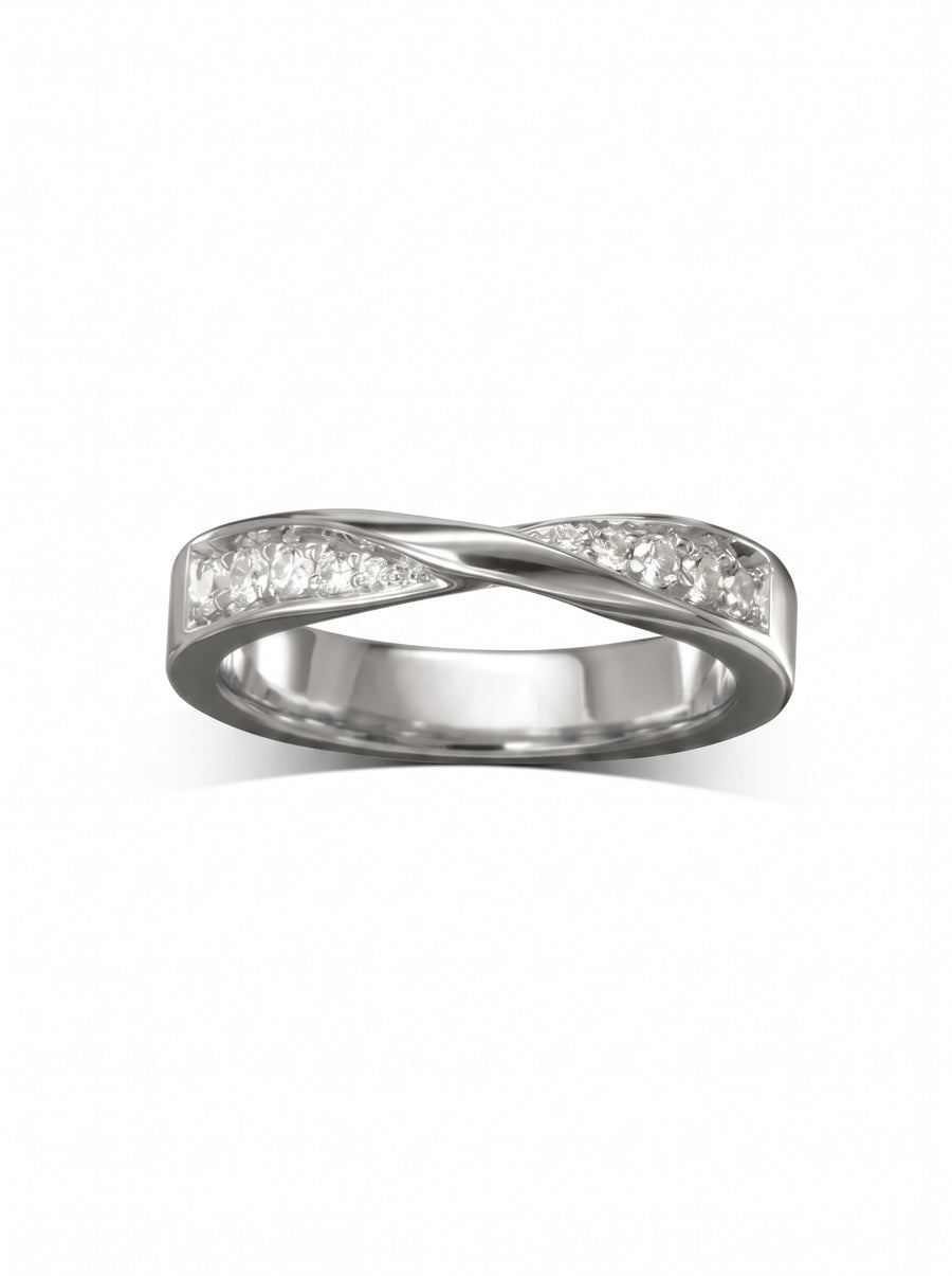 Silver wedding ring with a twisted band design featuring small embedded diamonds on a white background.
