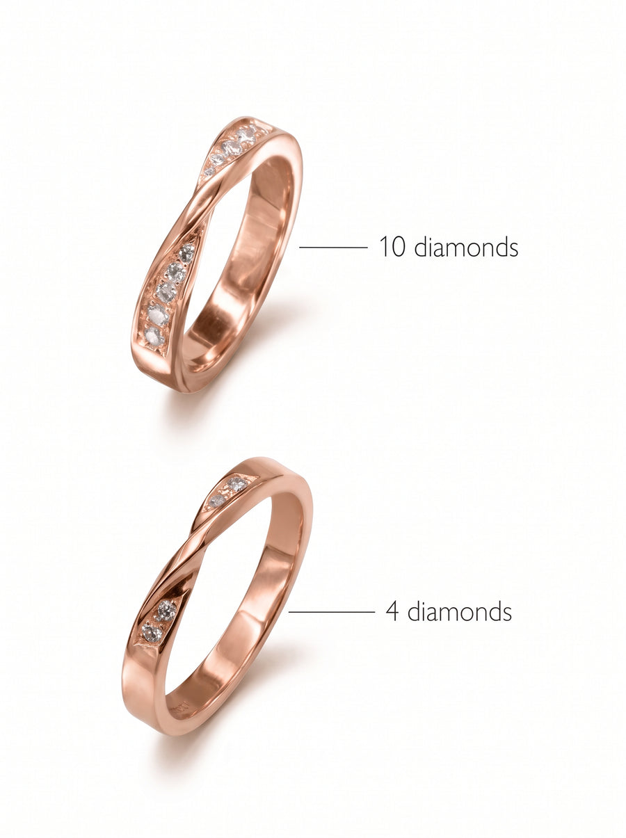 Rose gold wedding rings with a twisted design, featuring either ten or four small round diamonds.