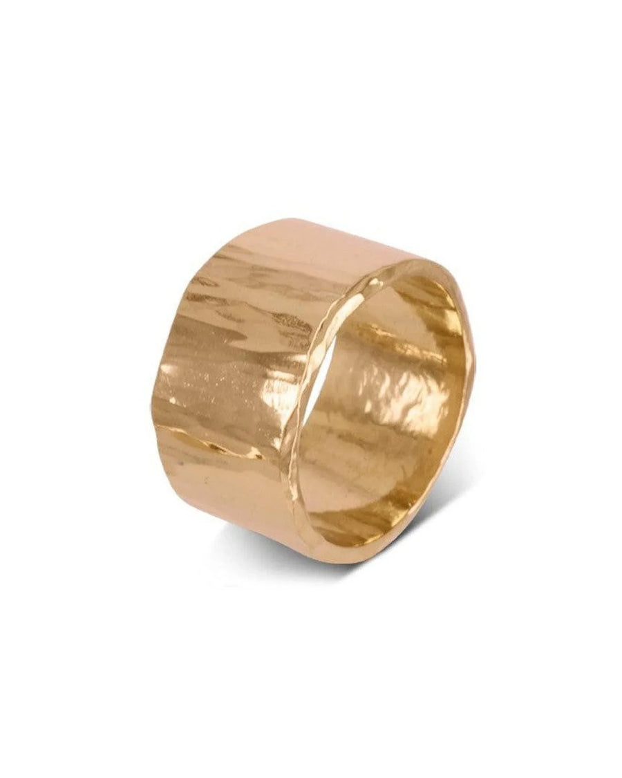 wide hammered gold wedding ring with organic textured finish