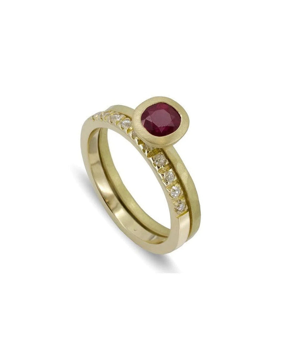 Yellow Gold Pavé Set Diamond Band and Ruby Ring Set Ring Pruden and Smith