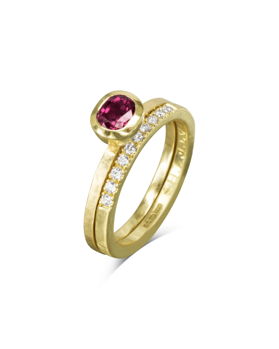 Handmade gold ring set with ruby gemstone and diamond accents, unique luxury jewellery