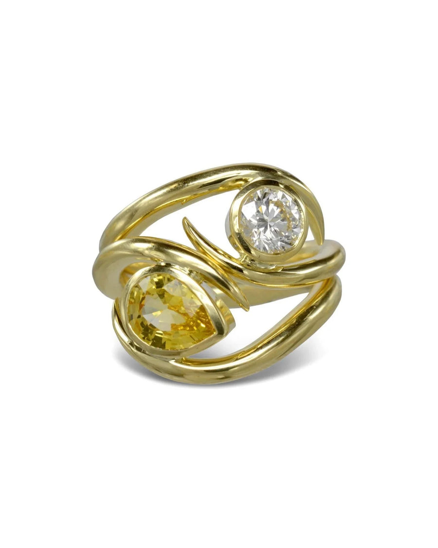 Yellow sapphire and diamond stacking ring set in gold with spiky organic design