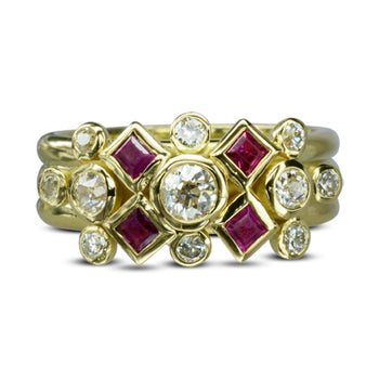 Princess Cut Ruby and Diamond Yellow Gold Stacking Ring Ring Pruden and Smith   