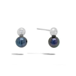 Black Akoya Pearl and Diamond Silver Studs Earstuds Pruden and Smith   
