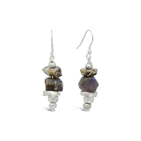 Rough Sapphire with Silver Hammered Discs Dangly Earrings Earring Pruden and Smith   