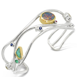 Bespoke Silver and 18ct Gold Bangle with Opals and Diamonds Cuff Pruden and Smith   