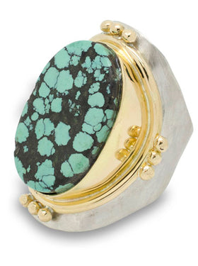 Turquoise Ring Silver with 18ct Gold Ring Pruden and Smith   