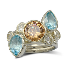 Aquamarine Diamond Citrine Stacking Rings Ring Pruden and Smith 9ct White Gold and Yellow Gold Aquamarine (Pale Blue/Green) 