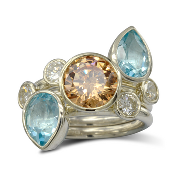 Aquamarine, Diamond and Citrine Stacking Rings Ring Pruden and Smith 9ct White Gold and Yellow Gold Aquamarine (Pale Blue/Green) 