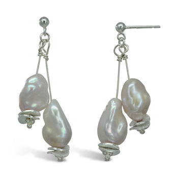 Baroque Pearl Silver Disc Dangly Earrings Earring Pruden and Smith   