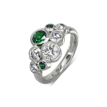 Water Bubbles Emerald and Diamond Cluster Ring Ring Pruden and Smith Platinum  