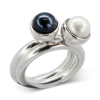 Black and White Pearl Silver Stacking Ring Set Ring Pruden and Smith 7-7.5mm Black Freshwater  