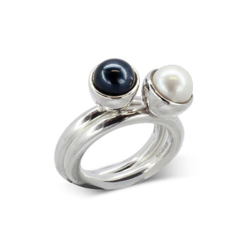 Black and White Pearl Silver Stacking Ring Set Ring Pruden and Smith 7-7.5mm Black Freshwater  