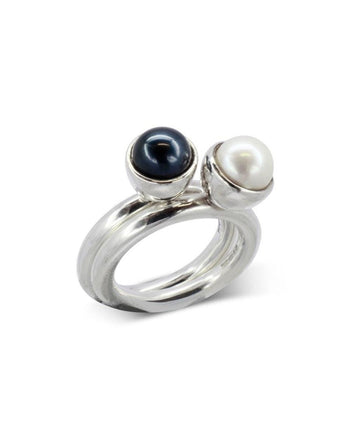 Pearl Gold Stacking Ring Set of Two Ring Pruden and Smith 9ct White Gold One Black One White Akoya Pearl 7.5mm 