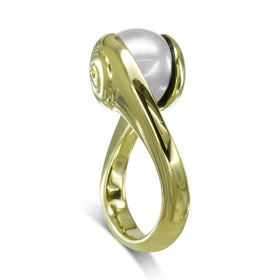 Spiral Suspended White Pearl Ring Ring Pruden and Smith 18ct Yellow Gold  