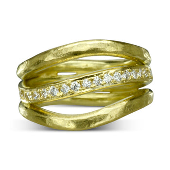 Three Strand Hammered Yellow Gold Diamond Ring Ring Pruden and Smith   