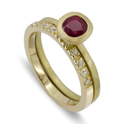 Yellow Gold Pavé Set Diamond Band and Ruby Ring Set Ring Pruden and Smith   