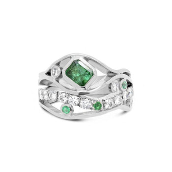 Wave Emerald Platinum Pavé Diamond Ring Ring Pruden and Smith   