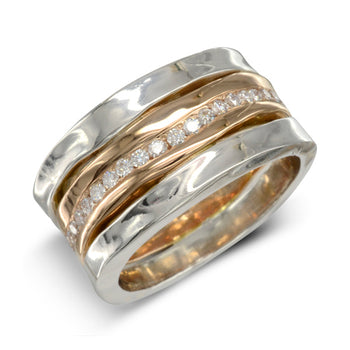 Side Hammered Mixed Metal Rose Gold and Diamonds Eternity Ring Ring Pruden and Smith 18ct Rose Gold &amp; Platinum 50% Set Band 