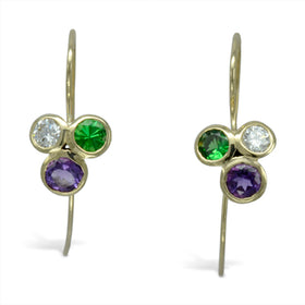 Gold Diamond Tsavorite Amethyst Trefoil Earrings by Pruden and Smith | diamond-amethyst-zavorite-trefoil-drop-earrings2.jpg