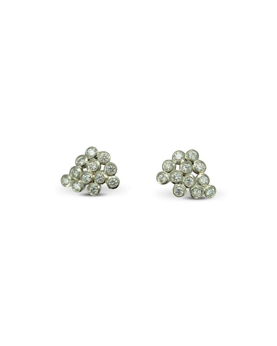 white gold bubble cluster ear studs with round sparkling diamonds on white background