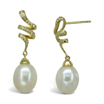 Ribbon Pearl and Diamond Drop Earrings Earring Pruden and Smith   