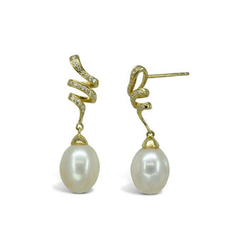 Ribbon Pearl and Diamond Drop Earrings Earring Pruden and Smith   