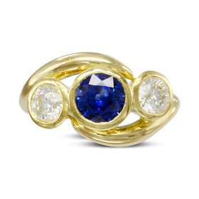 Sapphire Diamond Trilogy Ring by Pruden and Smith | gold-sapphire-and-diamond-inwards-spiky-trilogy-ring2.jpg