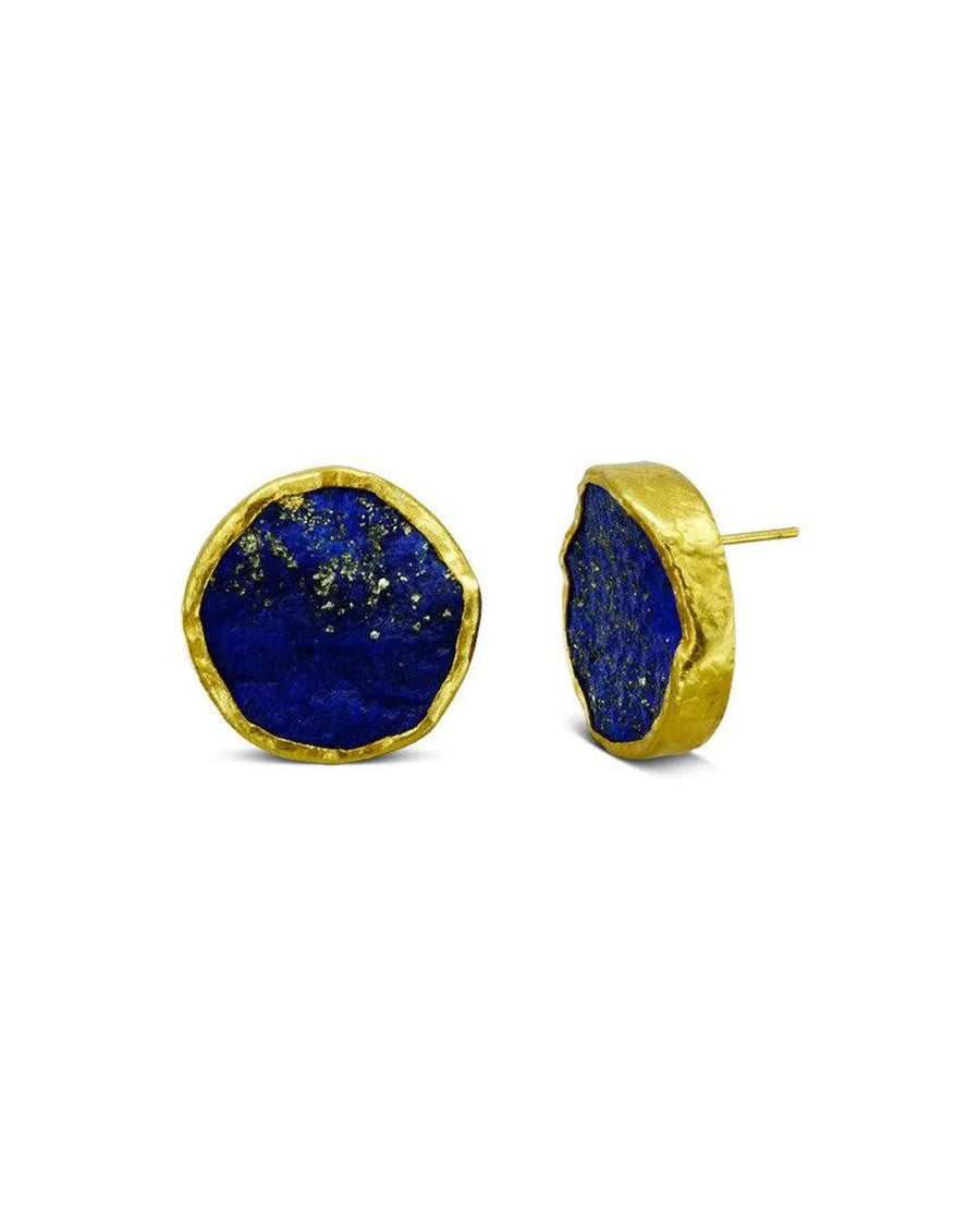 large round lapis lazuli and gold ear studs with organic textured edges