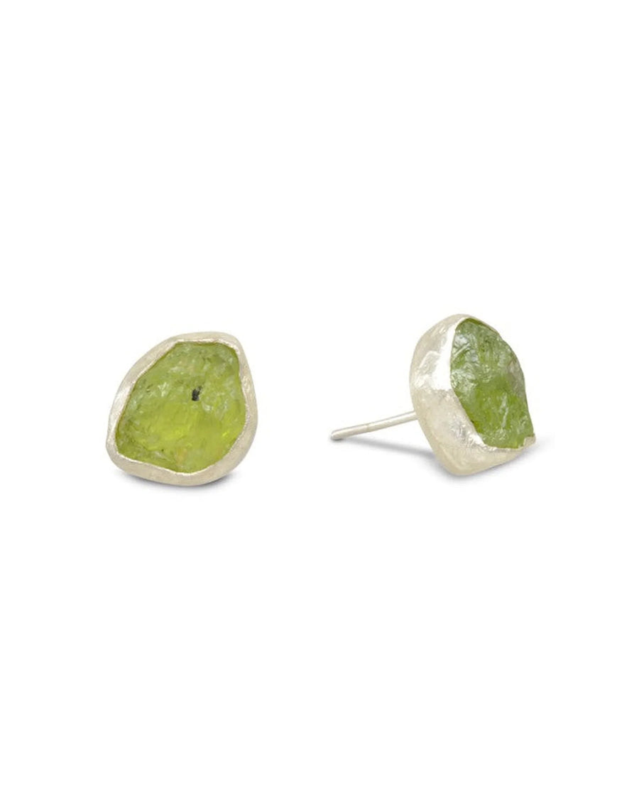 Silver stud earrings with rough cut lime green peridot gemstones.