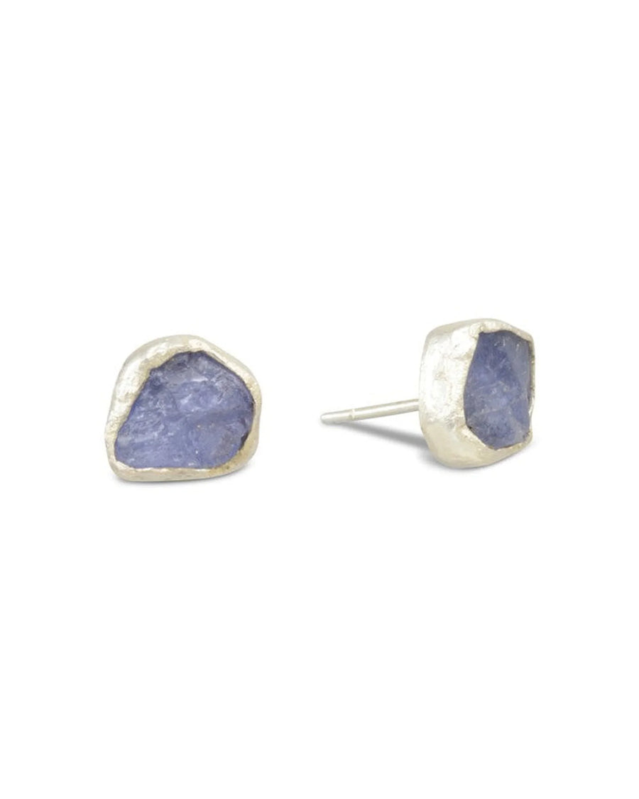 Silver stud earrings with rough cut sea blue tanzanite gemstones.