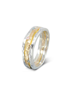 Hammered Organic Three Band Gemstone Eternity Ring Ring Pruden and Smith 9ct White Gold and Yellow Gold  