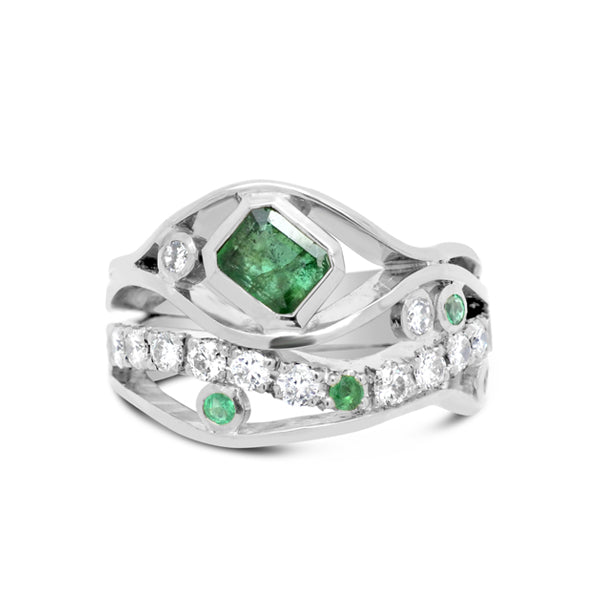 Platinum Emerald Pave Set Diamond Ring