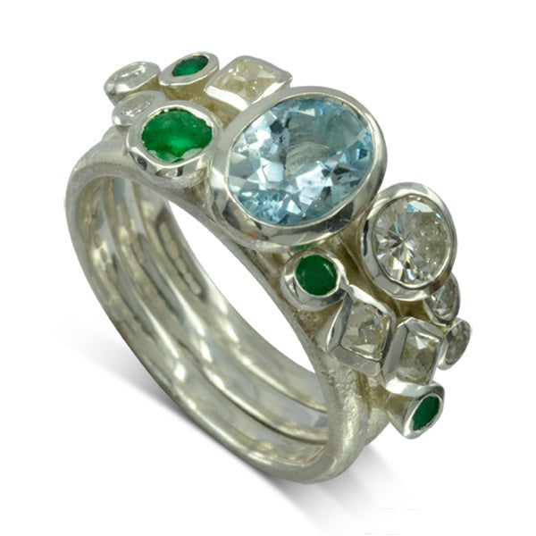 espoke Aquamarine emerald diamond stacking ring